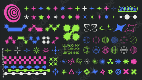 Trendy set of Y2k elements for graphic design. Geometric brutalism shapes, memphis graphic elements. Star shapes, symbols and metaballs in y2k style.