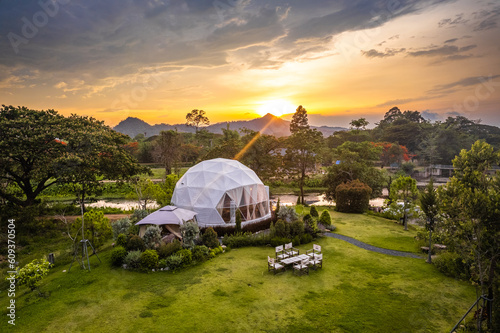 Aerial view of a glamping or camping area with tents in Khao Yai, Nakhon Ratchasima, Thailand