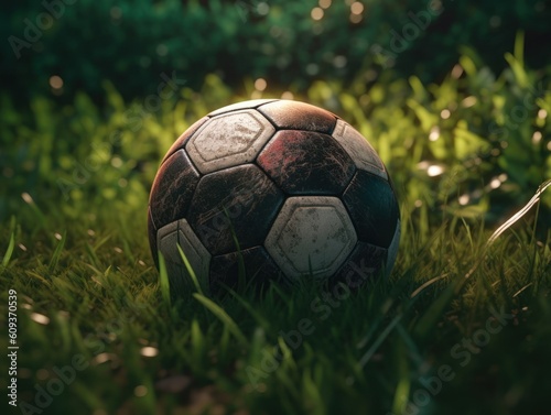 Soccer ball on green grass Created with Generative AI technology