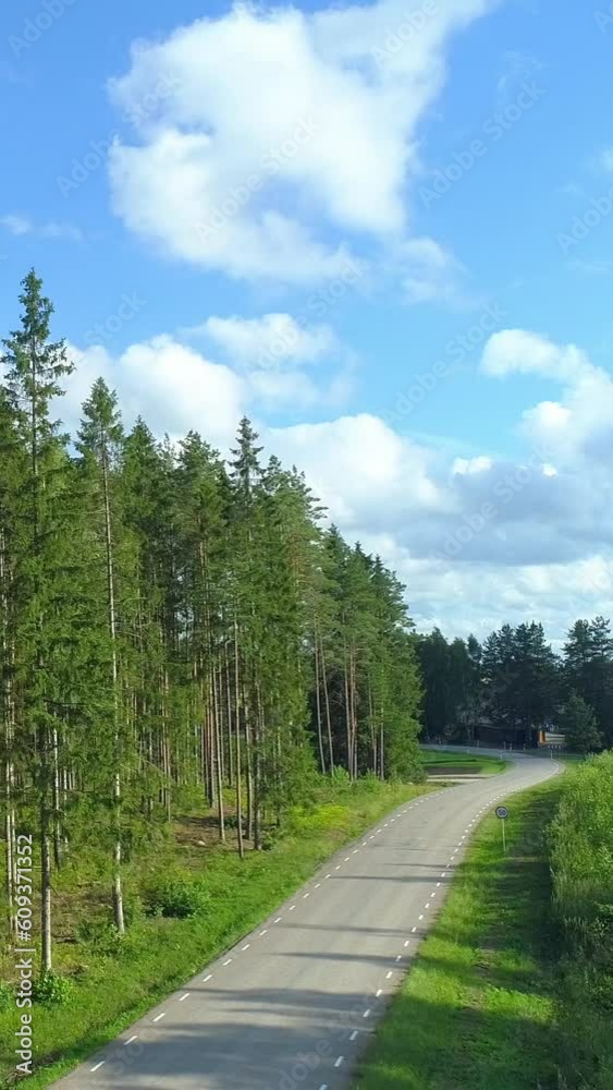 Idyllic countryside, green nature, blue sky with fluffy clouds, drone motion view, vertical background Idyllic countryside, green nature, blue sky with fluffy clouds, drone motion view, vertical background