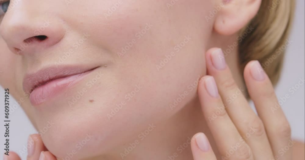 Woman, touch face, beauty and ski closeup, antiaging cosmetic treatment and clean skincare. Natural cosmetics, female model and facial with portrait, dermatology and wellness with hands and manicure