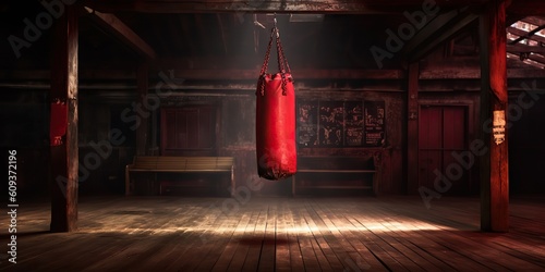 AI Generated. AI Generative. Old vintage gym room with old vintage boxing leather bag. Mexican American athlete vibe. Graphic Art © AkimD