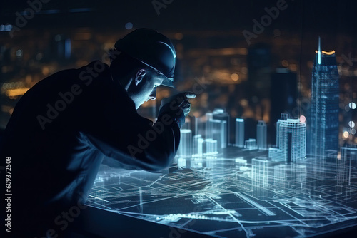 A male engineer stands in the office and looks at a technical project on a hologram, generative AI.