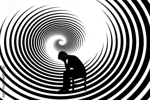 Concept of depression, anxiety, sadness and hopelessness. Silhouette of a person sitting and holding a bowed head, with a swirl of emotions in the background. Vector illustration