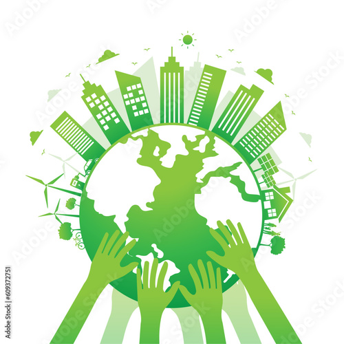 hand save the world and green city on white background. Save world environment day. ecology and sustainable concept. vector illustration in flat style.