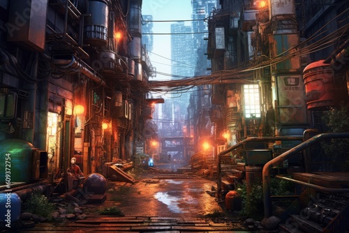 Concept Painting 3D render of dystopia ruin cyber cityscape walkway buildings Cyberpunk, diesel punk, Futuristic world,  Created with Generative AI tool