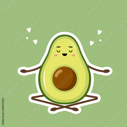 Cute kawaii avocado sticker. Doodle fruit on green background. Trendy decor for notebook or diary. Hand drawn vector illustration in flat cartoon style.