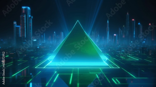 3d render, abstract blue green neon background. Holographic triangular pyramid glowing in the dark, levitating above the street. City under the starry, Generative AI