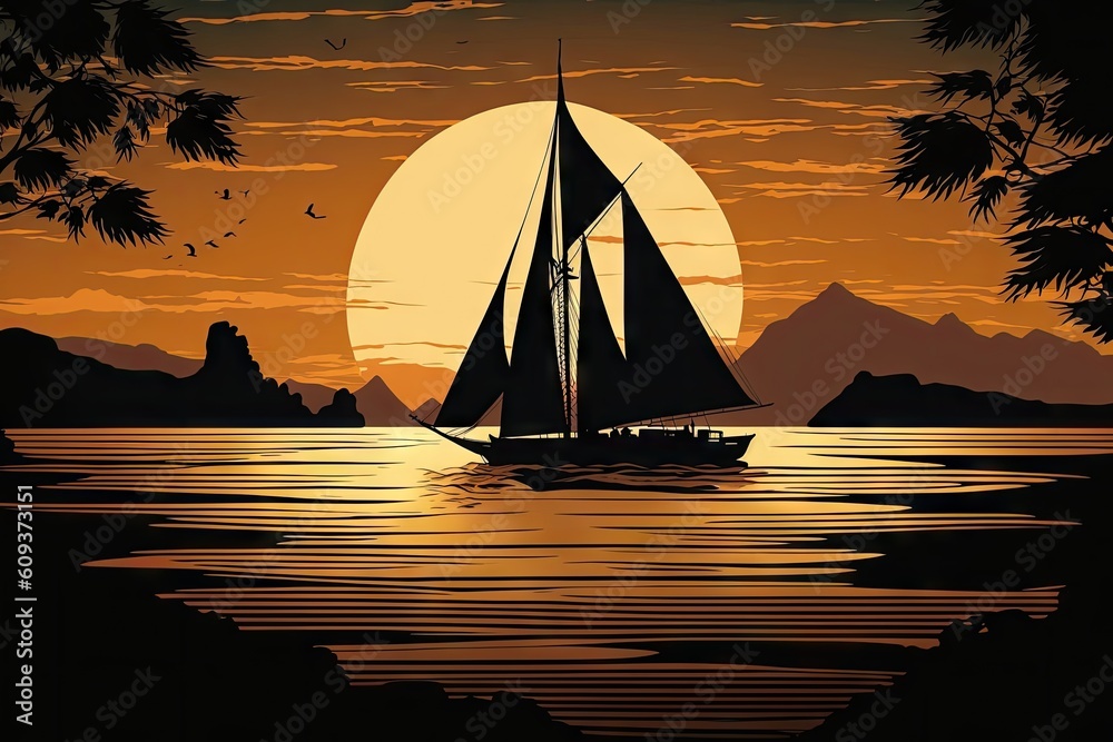 sailboat, with silhouette against the setting sun, on a tranquil lake, created with generative ai