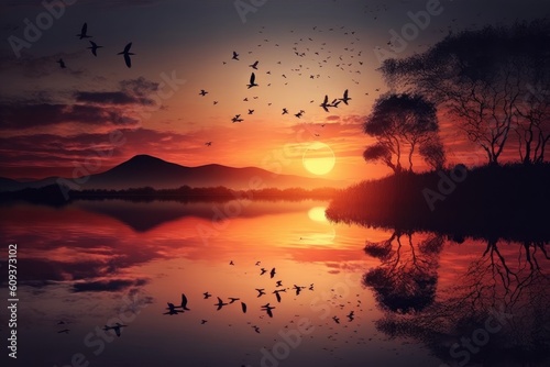 sunset over lake with birds flying above, symbol of tranquility, created with generative ai