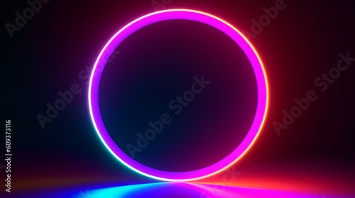 3d render, abstract colorful neon background with glowing ring. Simple geometric shape, blank round frame. Modern minimal wallpaper, Generative AI