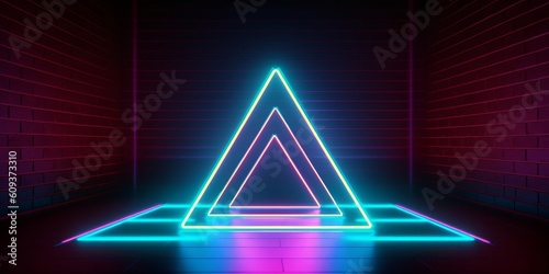 3d render, abstract neon background with geometric triangular shape inside the empty room, Generative AI