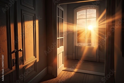 a view of the sunrise, with rays of sunlight streaming through the window, created with generative ai