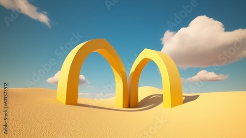 3d render, Surreal desert landscape with yellow arches and white clouds in the blue sky. Modern minimal abstract background, Generative AI