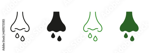Coronavirus Symptom, Nosebleed, Nasal Mucus Symbol Collection. Runny Nose Line and Silhouette Icon Set. Sinusitis Symptom, Snot, Allergy Cold Pictogram. Isolated Vector Illustration