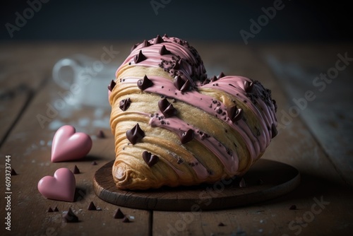 heart-shaped croissant with chocolate filling and pink icing, created with generative ai