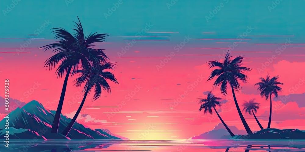 Naklejka premium AI Generated. AI Generative. Old vintage cyberpunk vapor wave synthwave miami vice florida tropical landscape. Graphic Art