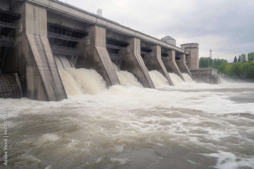 view of hydroelectric power plant, with water rushing through the dam and into the turbines, created with generative ai