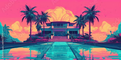 AI Generated. AI Generative. Old vintage cyberpunk vapor wave synthwave miami vice florida tropical landscape. Graphic Art photo