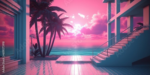 AI Generated. AI Generative. Old vintage cyberpunk vapor wave synthwave miami vice florida tropical landscape. Graphic Art