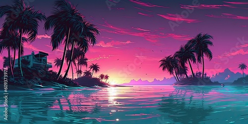 AI Generated. AI Generative. Old vintage cyberpunk vapor wave synthwave miami vice florida tropical landscape. Graphic Art