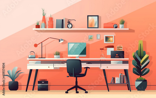Flat colored design of workspace home office vector. generative ai illustration