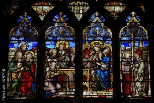 stained glass window, depicting a religious scene, in medieval cathedral, created with generative ai