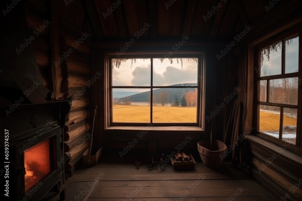 view of rural landscape from inside cozy cabin, with warm fireplace and welcoming atmosphere, created with generative ai view of rural landscape from inside cozy cabin, with warm fireplace and welcoming atmosphere, created with generative ai