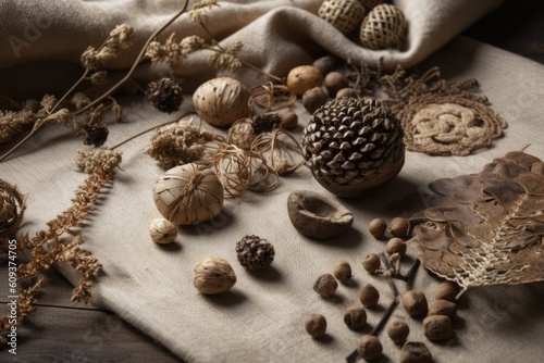 natural materials and textures blend together in natural-themed fabric project, created with generative ai