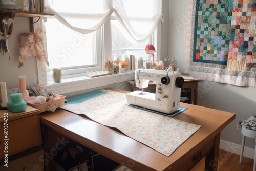 sewing room with sewing machine, fabric, and tools organized on worktable, created with generative ai