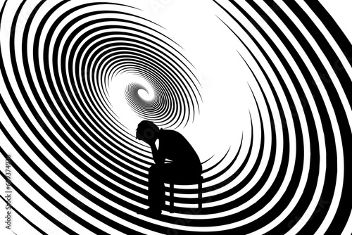 Concept of depression, anxiety, sadness and hopelessness. Silhouette of a person sitting and holding a bowed head, with a swirl of emotions in the background. Vector illustration	