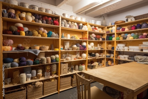 textile craftsworkroom, filled with yarns and tools for knitting and crochet, created with generative ai