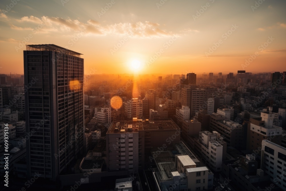 modern high-rise building, with the sun setting behind it, against the skyline of a bustling city, created with generative ai