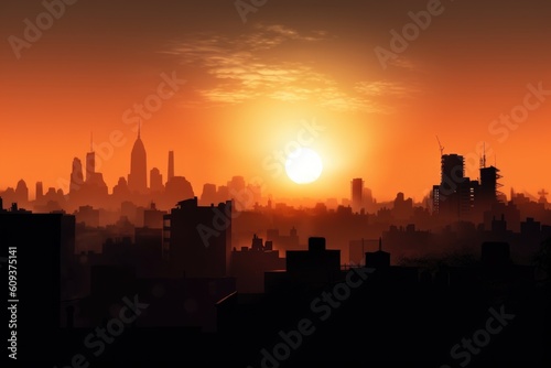 city skyline at dusk, with silhouetted buildings andorange sun setting in the background, created with generative ai photo