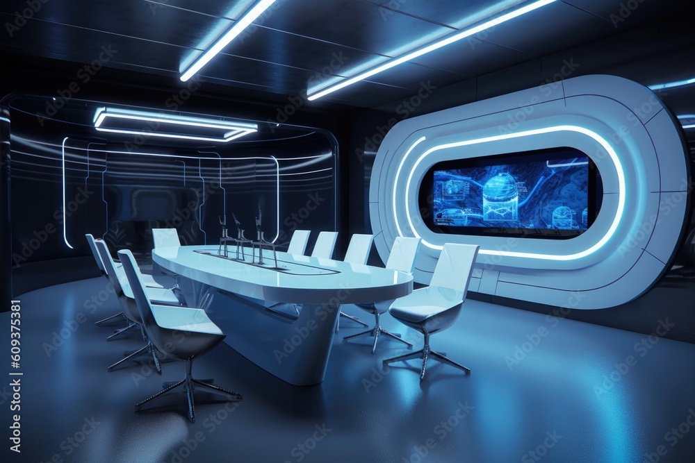 creative meeting environment with 3d visual effects and futuristic elements, created with generative ai