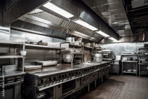 ventilation system in commercial kitchen, with hoods over cooking equipment and exhaust vents for smoke and grease, created with generative ai