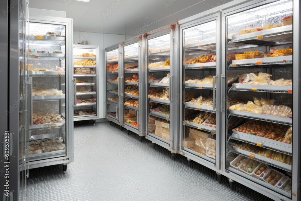 walk-in freezer with shelves of frozen foods in variety of shapes and sizes, created with generative ai
