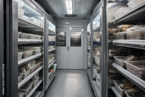 a walk-in freezer, with shelves of frozen goods and a view of the outdoors, created with generative ai