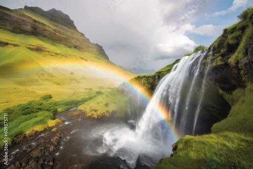 waterfall  with rainbow and clouds in the sky  against scenic mountain backdrop  created with generative ai