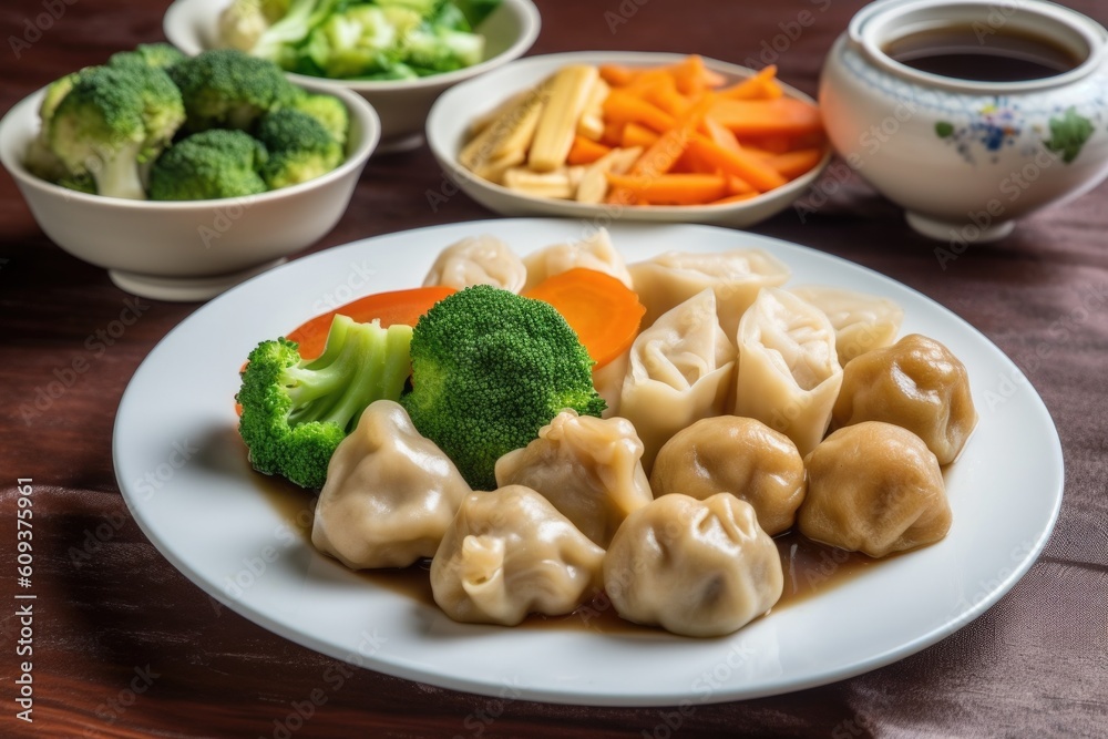plate of authentic chinese cuisine, with steamed dumplings and stir-fried vegetables, created with generative ai plate of authentic chinese cuisine, with steamed dumplings and stir-fried vegetables, created with generative ai
