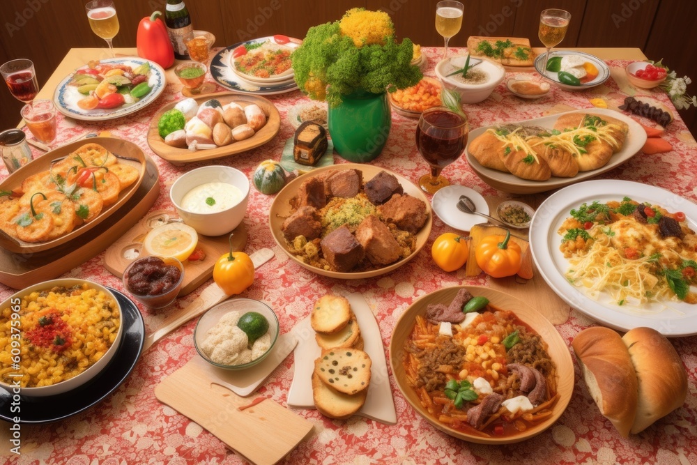 international feast, with different types of cuisine represented, created with generative ai