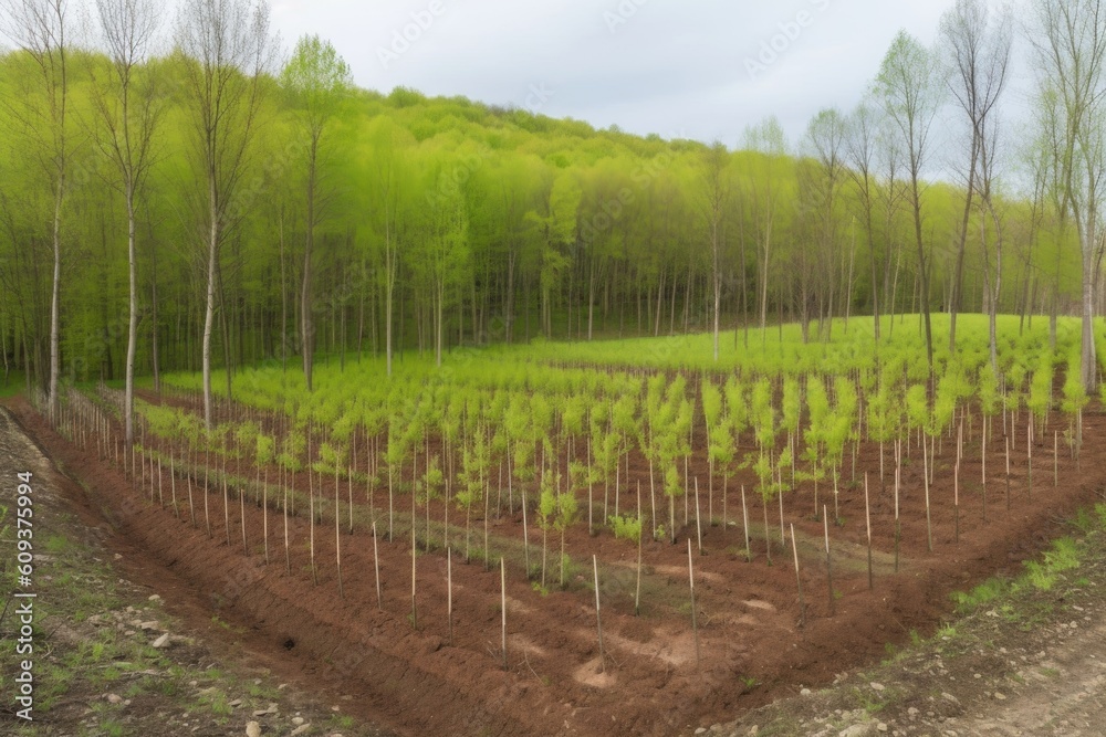 view of green forest with rows of newly planted trees, created with generative ai