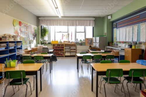 classroom with clean and organized desks, chairs, and bookshelves, created with generative ai