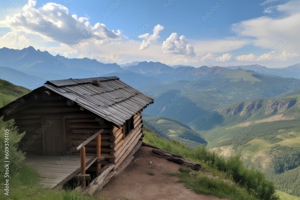 wooden cabin, surrounded by mountains and sky, with view of the valley below, created with generative ai