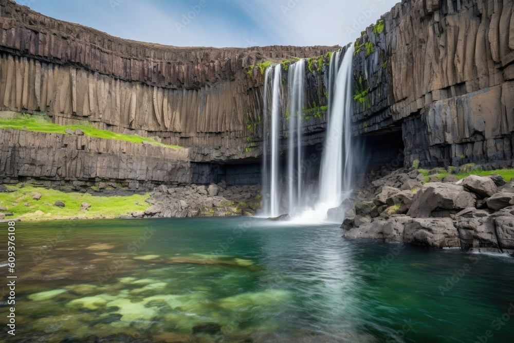 Fototapeta premium majestic waterfall cascading over rocky cliffs, created with generative ai