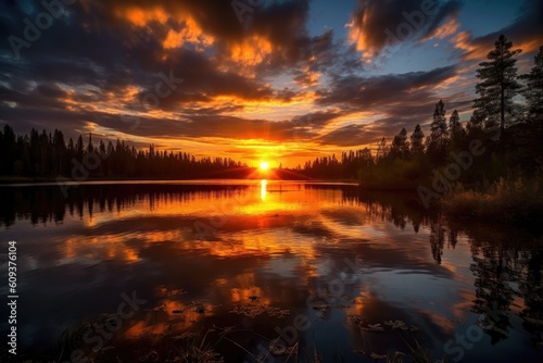 beautiful sunset over a serene lake, created with generative ai