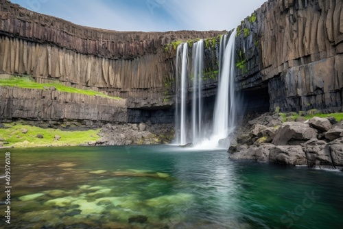 majestic waterfall cascading over rocky cliffs, created with generative ai