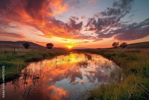 dreamy sunset over serene landscape  with sky and clouds in the foreground  created with generative ai