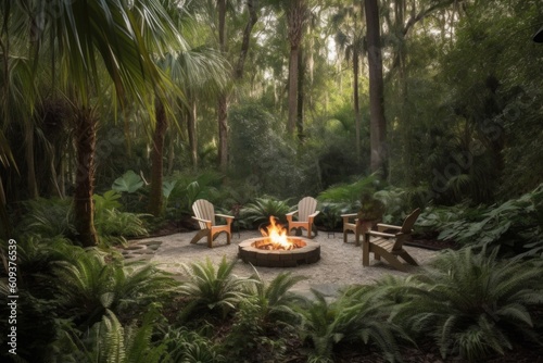 wellness retreat with fire pit, surrounded by trees and greenery, created with generative ai