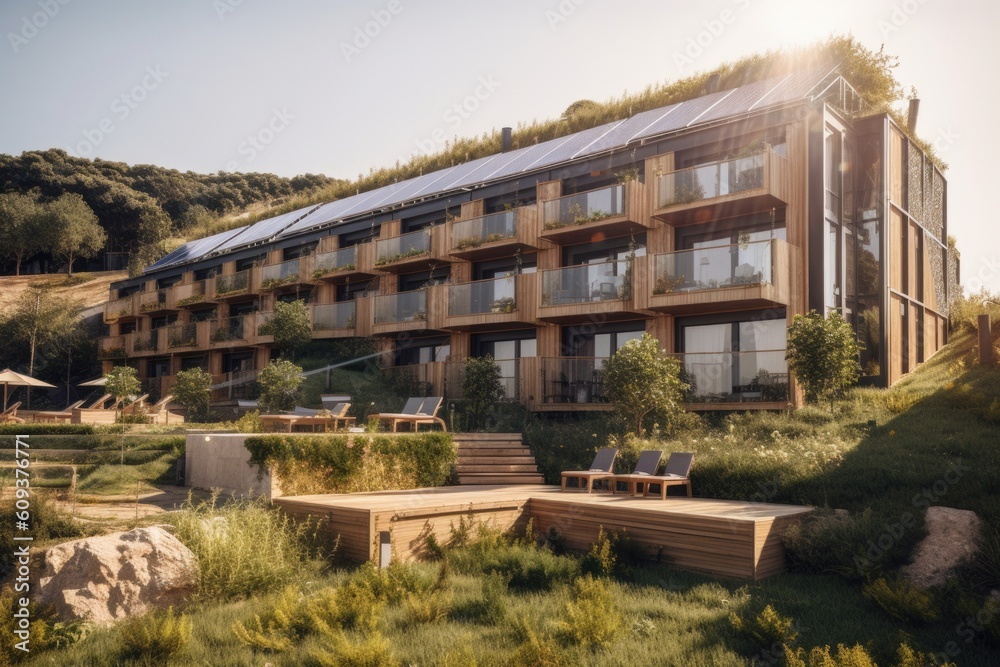 sustainable hotel, with solar panels and eco-friendly technology, created with generative ai
